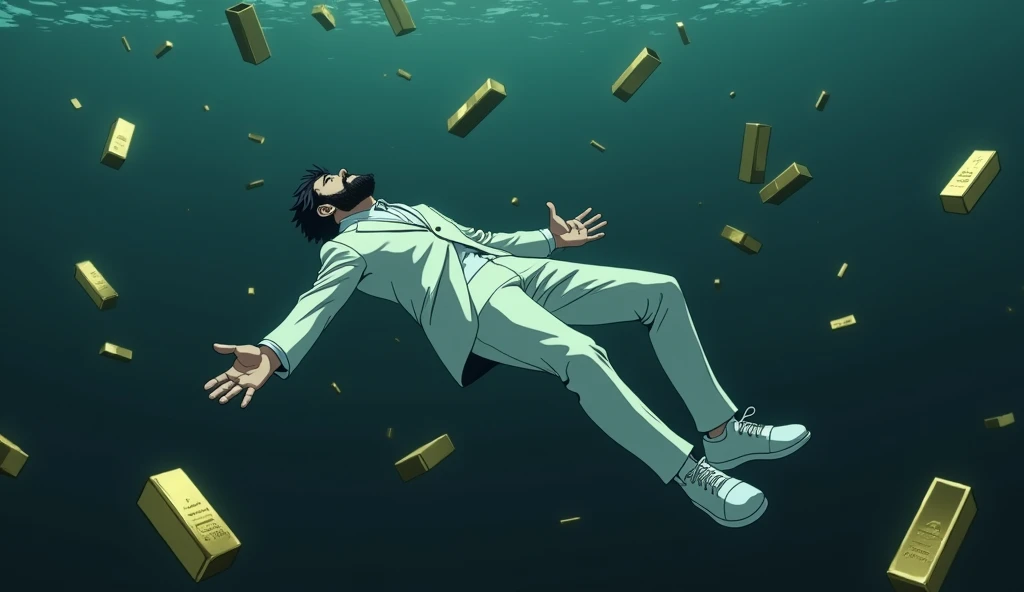 Create a anime style landscape image. an dramatic style under the water image showing a surreal and dramatic scene of a male person in a white suit, white shoes, and sinking into deep, The man has  dark medium hair, thik medium beard and light skin, dark waters, surrounded by floating gold bars. "The figure appears to be floating helplessly, as if falling through the water, with their arms means hands and legs extended and head tilted back". and "his body is oriented horizontally with his back facing the viewer".  The gold bars around the person seem to be floating and tumbling through the water, giving the impression of wealth lost in the chaos. The mood should be somber and intense, highlighting themes of loss, wealth, and the overwhelming force of destruction. Camera view left side long shoot. 4k, ultra high quality, UHD, ULTRA HD.