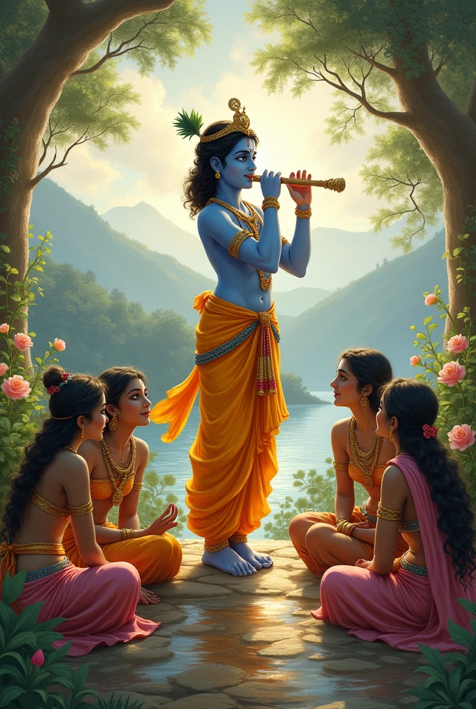 Shri kirshan ji is playing with flute his friends