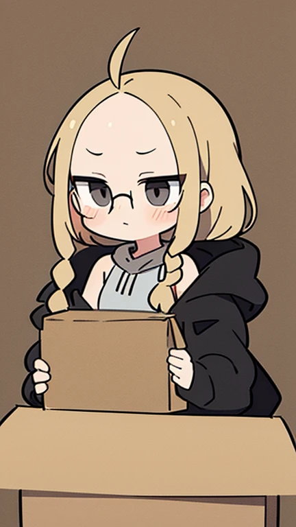 Holding a large cardboard box containing materials, beige hair, center parted bangs, forehead exposed, long braids on both sides, large sunglasses, black sleeveless hoodie, adult woman, gray eyes, soft smile, no hair antennae, shy and bashful