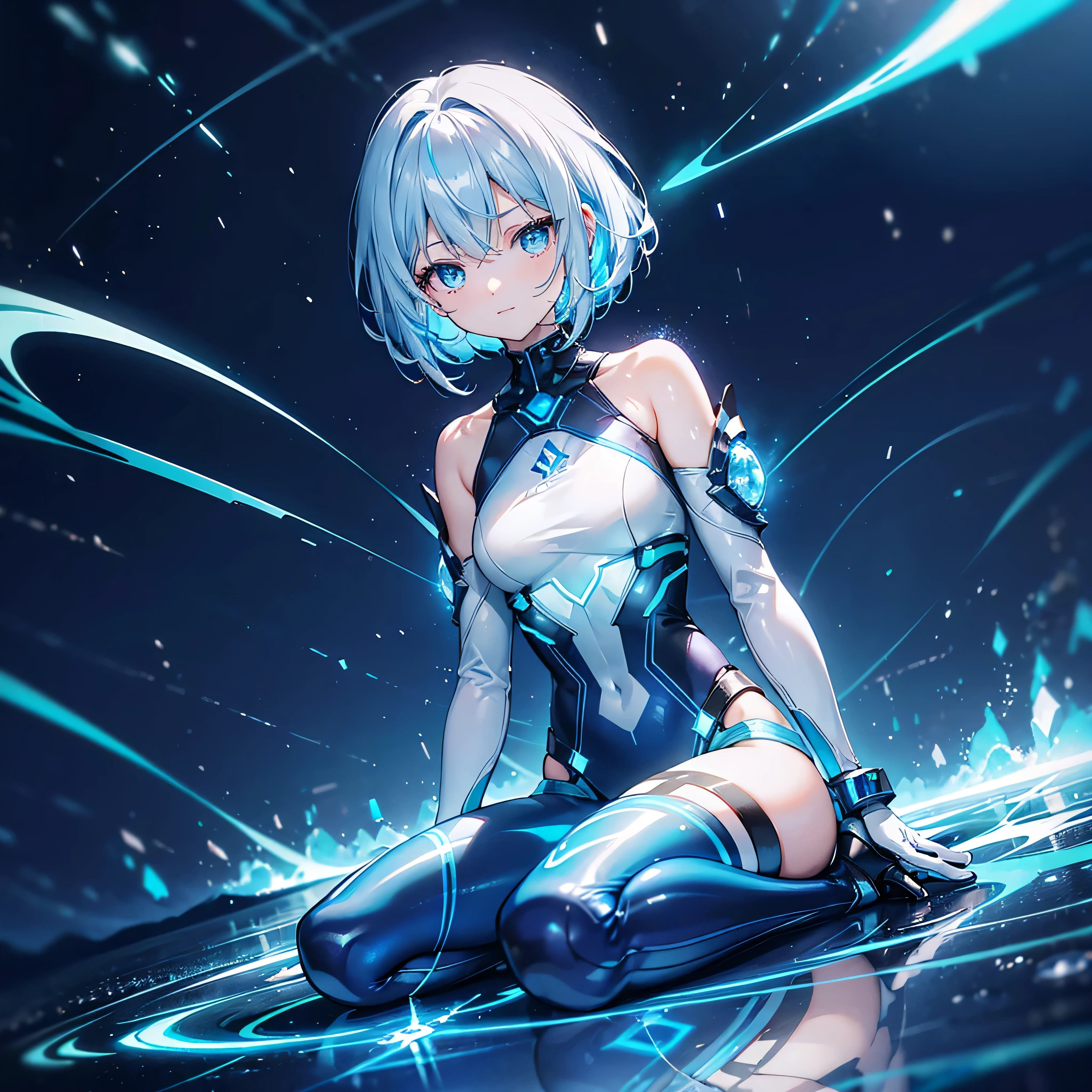 ((Holographic glow effect)),8k, Highest quality, (real:1.4), Original photo, 1 person, Asari Hair, Biological Amplifier, Very sleek and futuristic armor, posture: Peace talks between warring factions,,attention arousal, smart blue eyes,A modest smile,Knee-high boots,Patent-look blue tights,Blue big moon and blue light swirl in the background,Blue light from behind,blue light magic,A small, glowing blue ball in the palm of your hand,Blue flame swirl,Blue Comet,Polished floor,