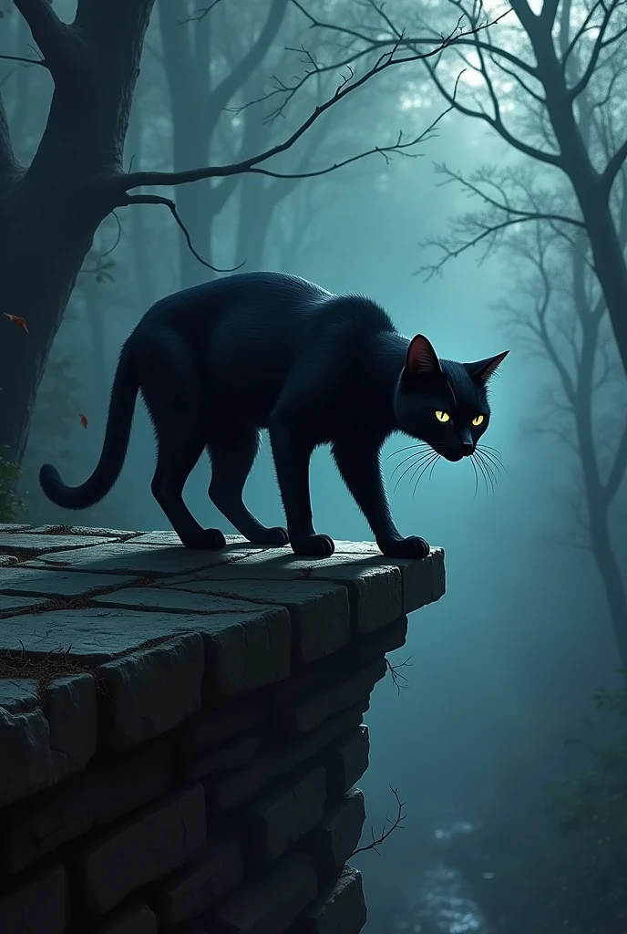 A DOMESTIC CAT, black cat, side angle, side facing viewer, walking on a stone ledge, overlooking a dark forest, cell shading, spooky, glowing