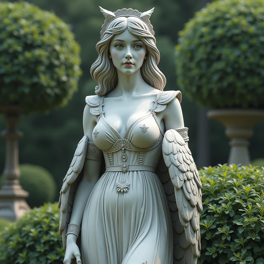 masterpiece, best quality, highres, absurdres, 8k, 4k, official art,, , (flat_color:0.9),, , 1girl, large_breasts, maid uniform, Grey hair, , , a woman with a body of a mythic owl as a garden statue, inherent refinement, detailed stonework, aged marblr, Michelangelo, Kelsie Perrin