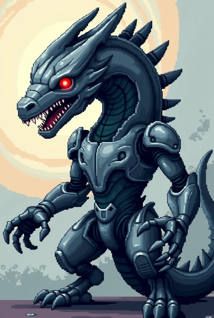 
"An 8-bit  pixel style pixel art of a dragon robot facing the viewer, designed for a T-shirt. The dragon robot has a mechanical, futuristic appearance with glowing red eyes and sharp metallic scales. Its expression is intense and menacing, with its mouth slightly open, revealing robotic teeth. The background is simple to emphasize the dragon robot, giving it a bold and striking look suitable for a shirt design."
