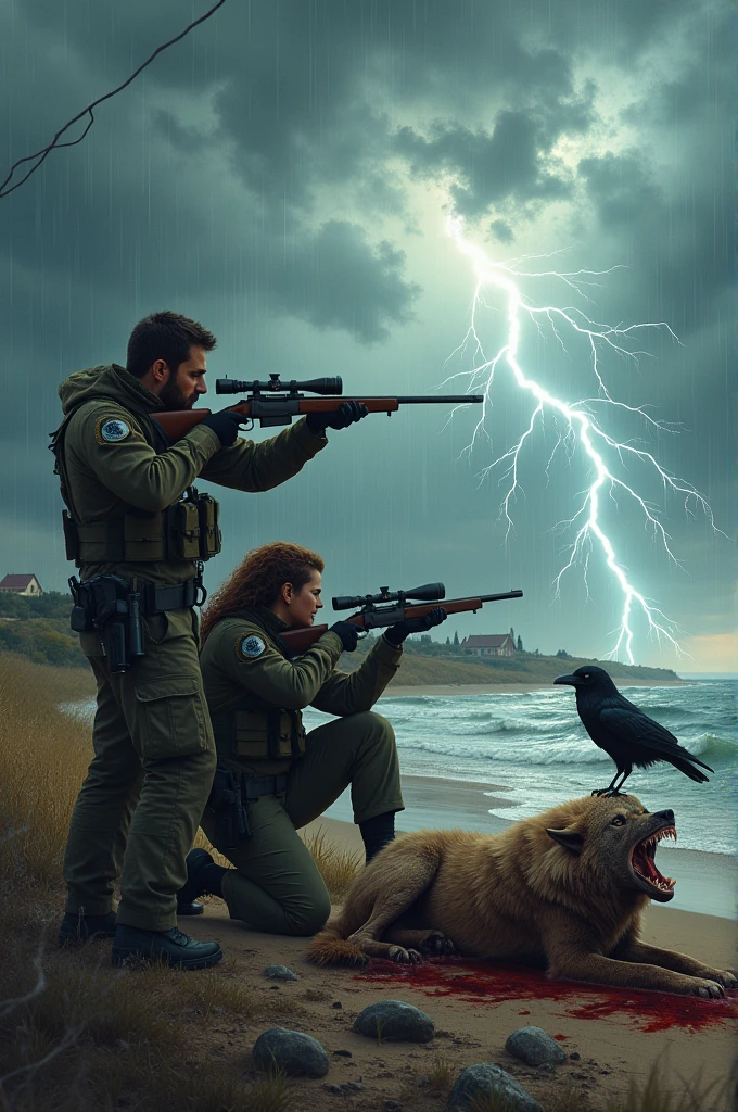 Male and female snipers,wolf eating deer carcase and a raven beside it, a beach and farm while raining and lightning