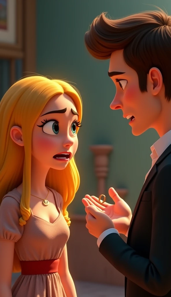 An angry girl with yellow hair talking to a handsome guy holding a wedding ring, pixar style, cinematic, masterpiece, high-aesthetic 