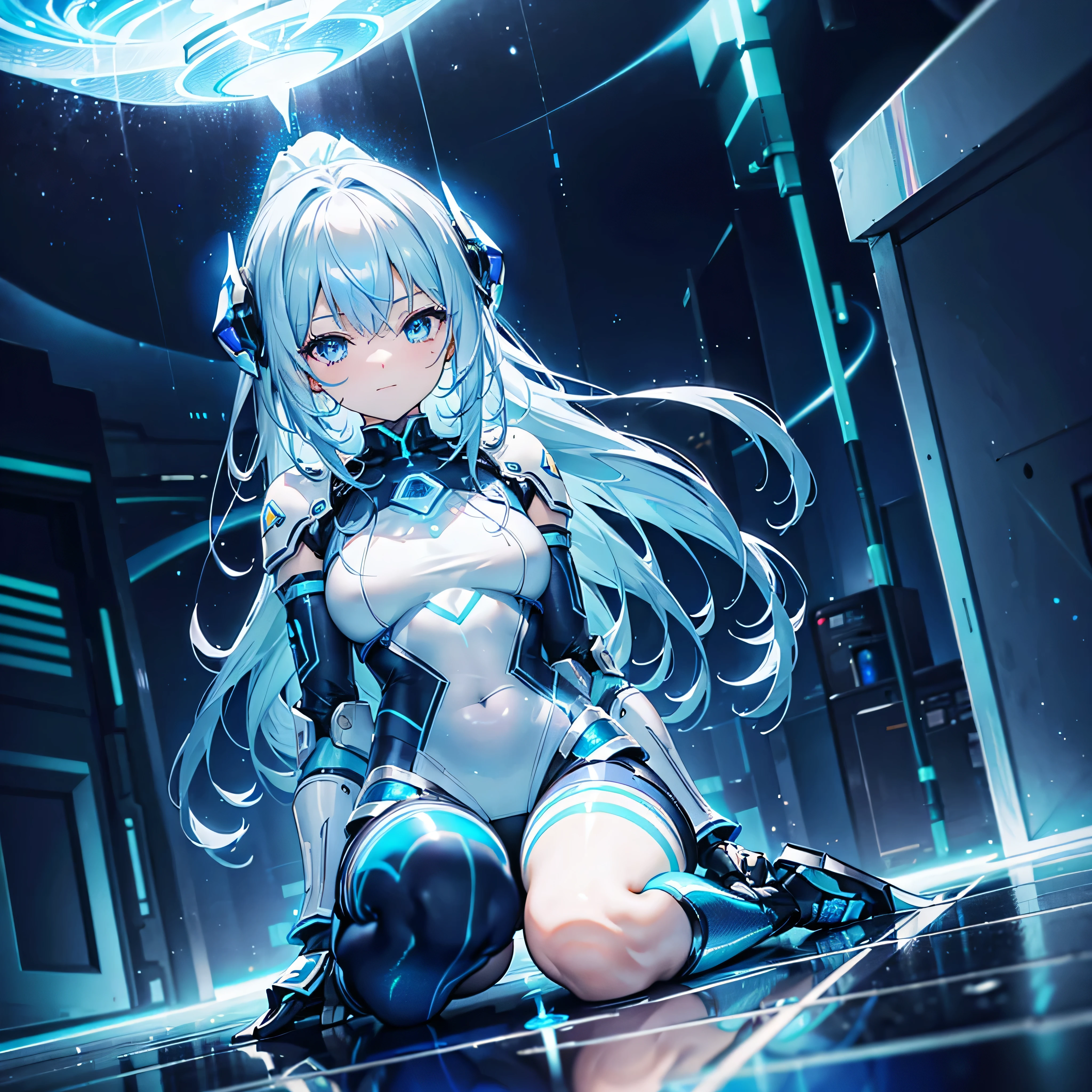 ((Holographic glow effect)),8k, Highest quality, (real:1.4), Original photo, 1 person, Asari Hair, Biological Amplifier, Very sleek and futuristic armor, posture: Peace talks between warring factions,,attention arousal, smart blue eyes,A modest smile,Knee-high boots,Patent-look blue tights,Blue big moon and blue light swirl in the background,Blue light from behind,blue light magic,A small, glowing blue ball in the palm of your hand,Blue flame swirl,Blue Comet,Polished floor,