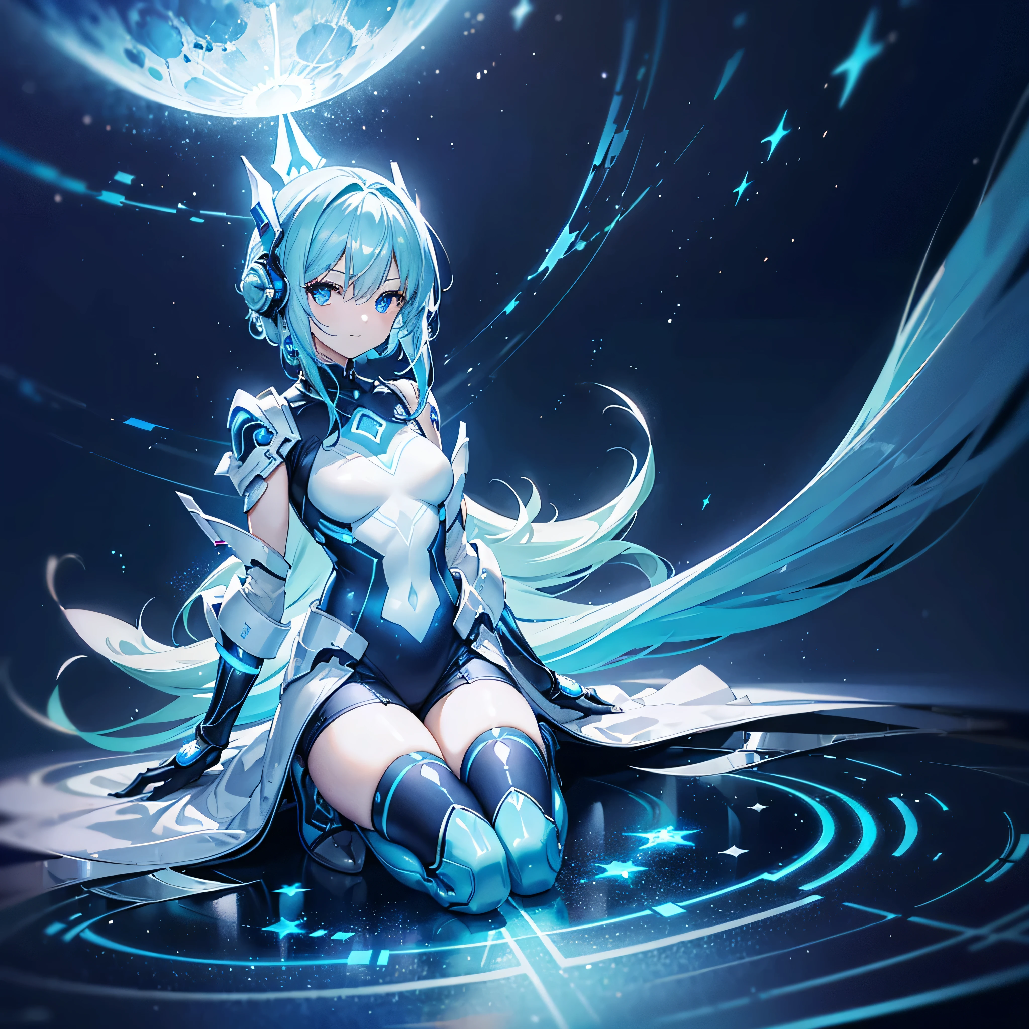 ((Holographic glow effect)),8k, Highest quality, (real:1.4), Original photo, 1 person, Asari Hair, Biological Amplifier, Very sleek and futuristic armor, posture: Peace talks between warring factions,,attention arousal, smart blue eyes,A modest smile,Knee-high boots,Patent-look blue tights,Blue big moon and blue light swirl in the background,Blue light from behind,blue light magic,A small, glowing blue ball in the palm of your hand,Blue flame swirl,Blue Comet,Polished floor,