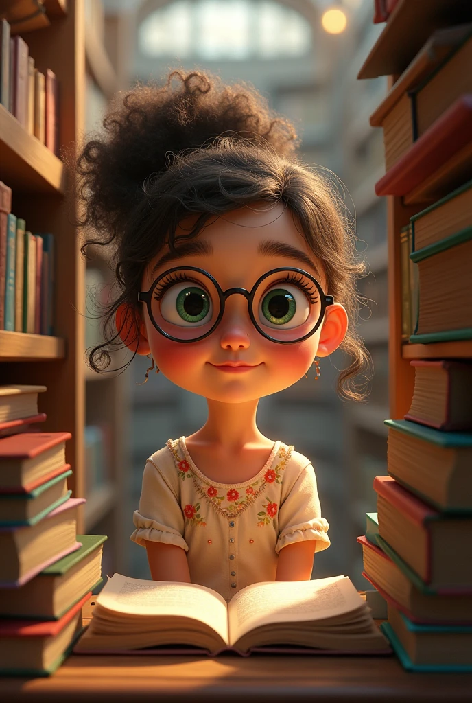 pixar style girl drawing, with curly hair, glasses, floral blouse, greeneyes, in a library
