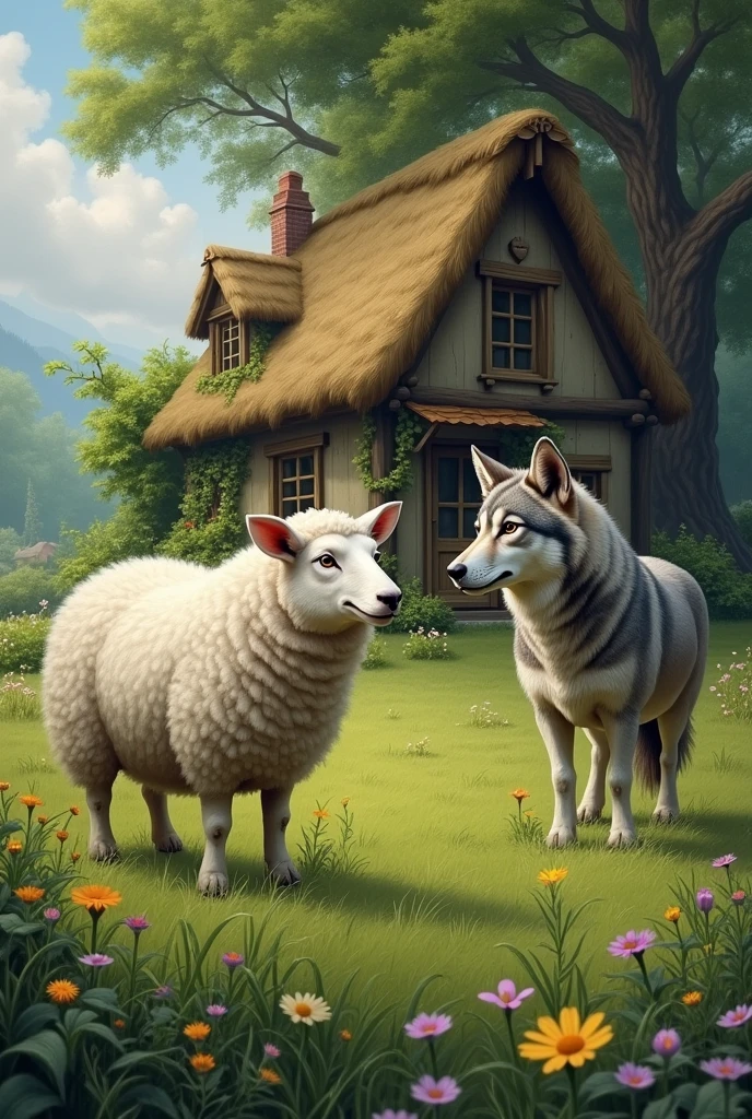Sheep and wolf and a cottage