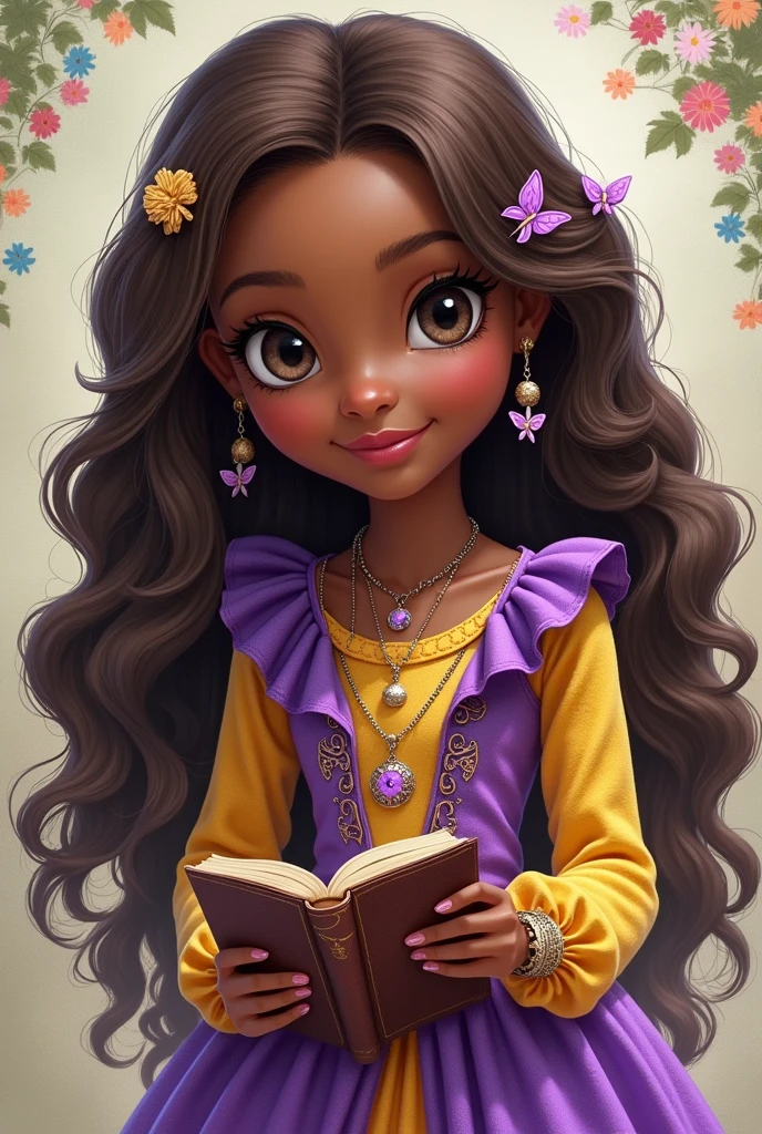 Imagem da filha da Cerise Hood e da Cedar Wood de Ever After High: You must have straight, wavy brown hair with white highlights and braids, dark brown skin, gray eyes, purple dress with white on top and yellow with purple on the bottom, wolf pendant, wolf earrings, elements of butterflies on clothes and holding a book of fairy tales
