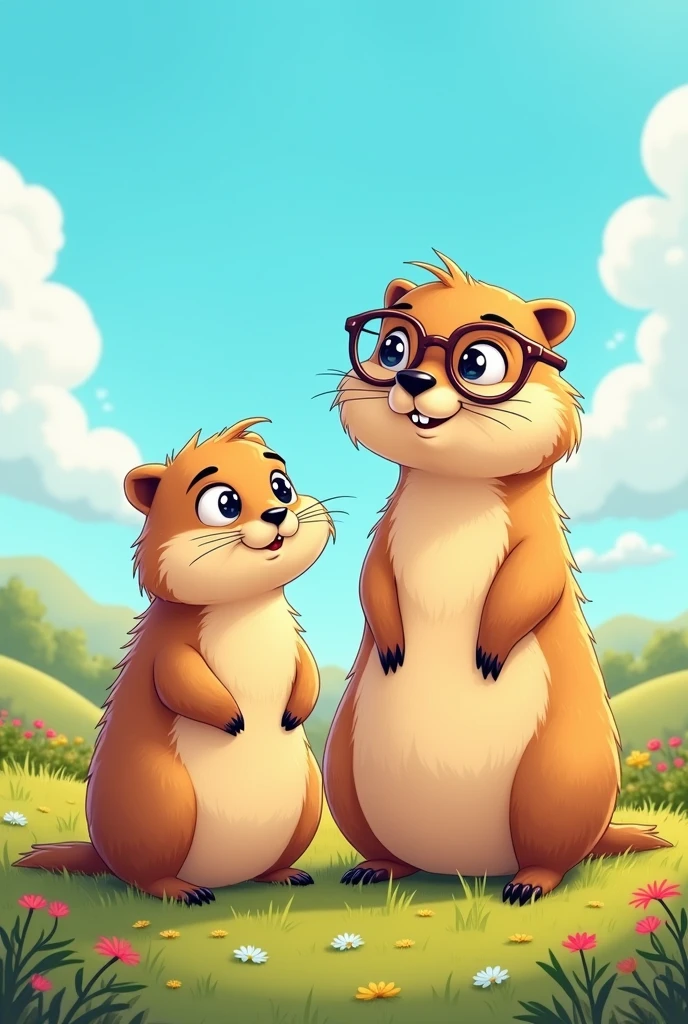 “Create a cartoon of a pair of prairie dogs. The male wears glasses, and the female is smaller than the male.”