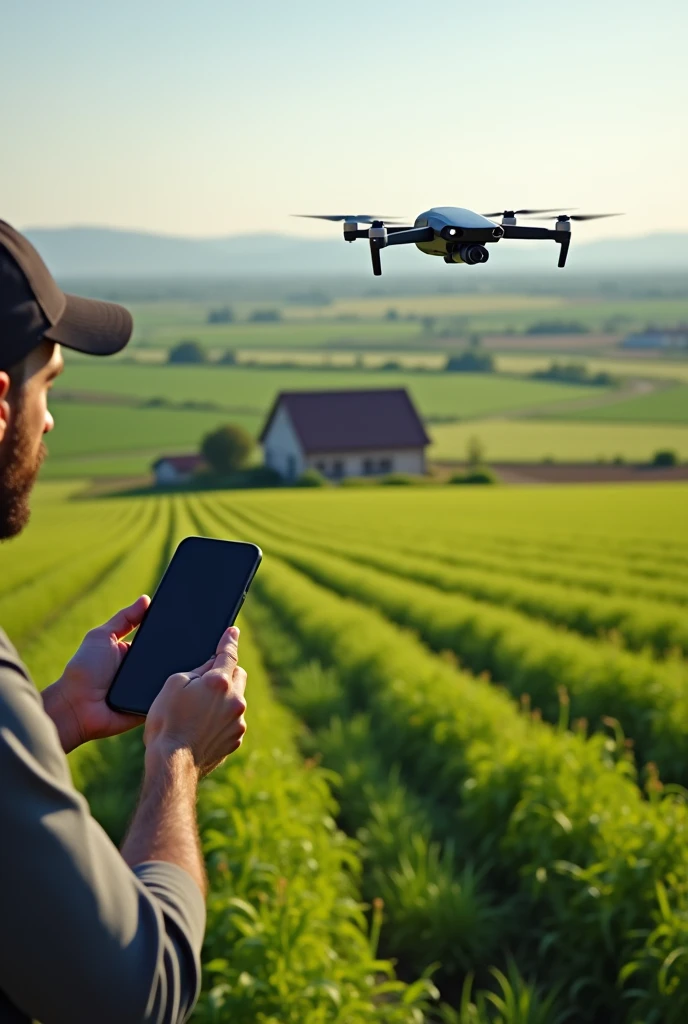 Technology being used in a variety of industries, e.g. a farmer flying a small drone overhead