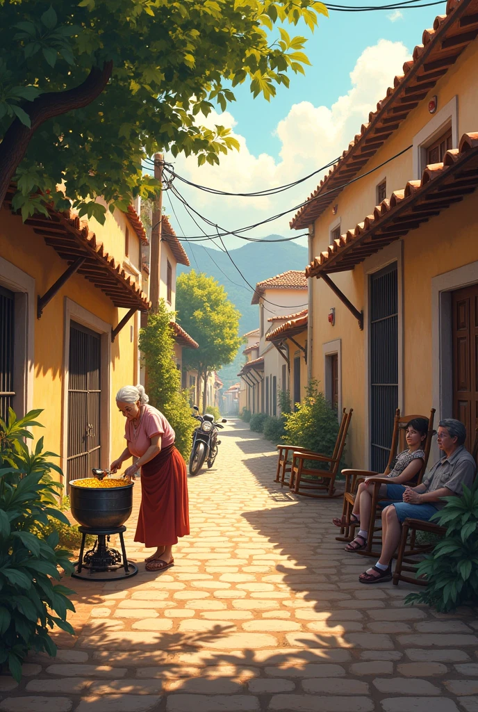 1. **General Theme:**
- Cobblestone street in a rural neighborhood in the late afternoon.
2. **Environment and Context:**
- Street with country houses, all built in traditional style. The houses have large iron gates and simple facades.. The end of the afternoon brings a warm tone to the environment, with the sunlight beginning to set.
3. **Main Elements:**
- Cobblestone street with houses lined up along the road.
- Some people sitting in front of their houses, in rocking chairs, talking and watching the street.
- A brown lady with long white hair, dressed in traditional clothes, is in front of a house, roasting corn on a stove.
4. **Additional Detail:**
- A motorcycle parked in front of one of the houses.
- The rocking chairs are arranged on the sidewalk, providing a cozy and communal environment.
- The stove is simple and made of metal, with corn roasting on it. There is a light smoke rising.
5. **Colors and Style:**
- Warm and soft colors, with golden and orange tones of late afternoon. Colors should convey the feeling of a welcoming and peaceful environment..
6. **Format and Composition:**
- The perspective must be at street level, capturing the interaction between people and the environment. Late afternoon should be visible in the sky, creating a pleasant contrast with the shadows of the houses and the warm light on the cobblestones.