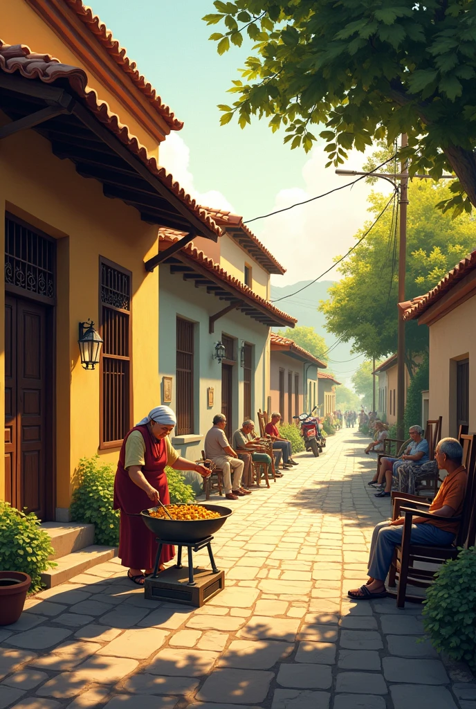 1. **General Theme:**
- Cobblestone street in a rural neighborhood in the late afternoon.
2. **Environment and Context:**
- Street with country houses, all built in traditional style. The houses have large iron gates and simple facades.. The end of the afternoon brings a warm tone to the environment, with the sunlight beginning to set.
3. **Main Elements:**
- Cobblestone street with houses lined up along the road.
- Some people sitting in front of their houses, in rocking chairs, talking and watching the street.
- A brown lady with long white hair, dressed in traditional clothes, is in front of a house, roasting corn on a stove.
4. **Additional Detail:**
- A motorcycle parked in front of one of the houses.
- The rocking chairs are arranged on the sidewalk, providing a cozy and communal environment.
- The stove is simple and made of metal, with corn roasting on it. There is a light smoke rising.
5. **Colors and Style:**
- Warm and soft colors, with golden and orange tones of late afternoon. Colors should convey the feeling of a welcoming and peaceful environment..
6. **Format and Composition:**
- The perspective must be at street level, capturing the interaction between people and the environment. Late afternoon should be visible in the sky, creating a pleasant contrast with the shadows of the houses and the warm light on the cobblestones.