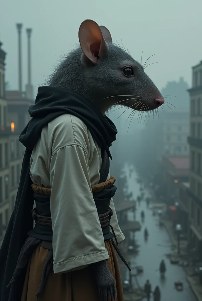 Soldier rat, who has experienced many things in her life, the tone of life has changed to a point where it already seems dark to him, It is in doubt whether to continue living or it is better to die, It is in a city that is dyed a dark tone where it only smells of destruction, it is uninhabited and there is rain in the background, The rat wears a white and black kimono without much detail., He also wears a black scarf, From a fairly high mountain he looks expectantly at the uninhabited city while reflecting on his life, He has a rather serious expression, It is captured in a lateral perspective from the torso of the rat, His face takes on a dark shadow, his face is not so stretched 