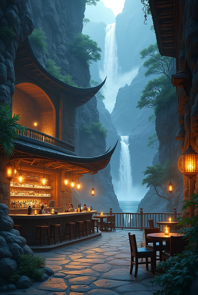 Create a picture of a bar in the Kumogakure region called Valley of the End