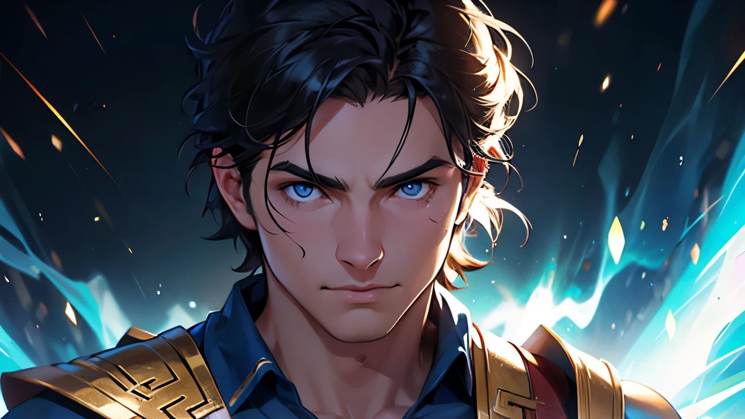 Greek hero with lights focusing on his face with particles around