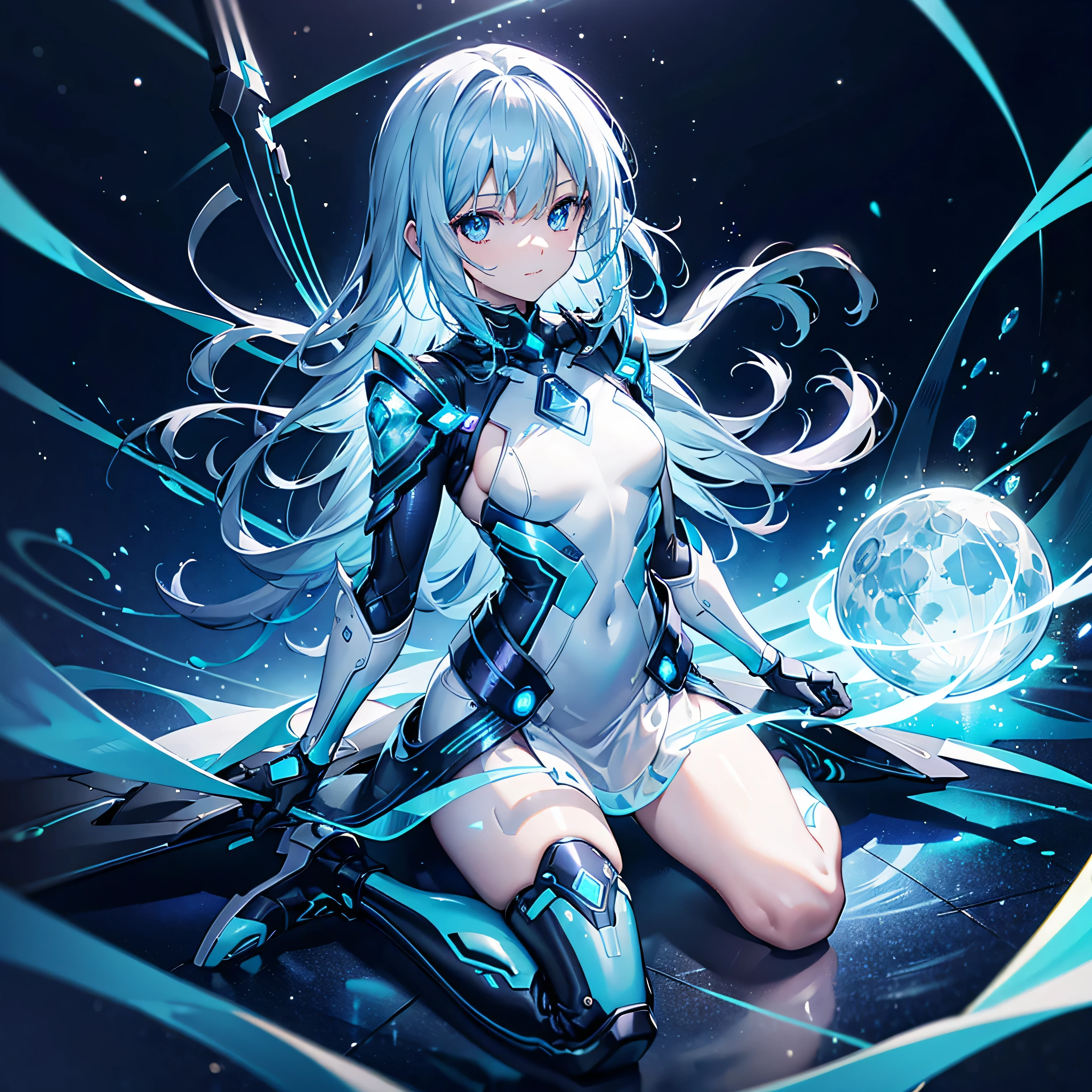 ((Holographic glow effect)),8k, Highest quality, (real:1.4), Original photo, 1 person, Asari Hair, Biological Amplifier, Very sleek and futuristic armor, posture: Peace talks between warring factions,,attention arousal, smart blue eyes,A modest smile,Knee-high boots,Patent-look blue tights,Blue big moon and blue light swirl in the background,Blue light from behind,blue light magic,A small, glowing blue ball in the palm of your hand,Blue flame swirl,Blue Comet,Polished floor,