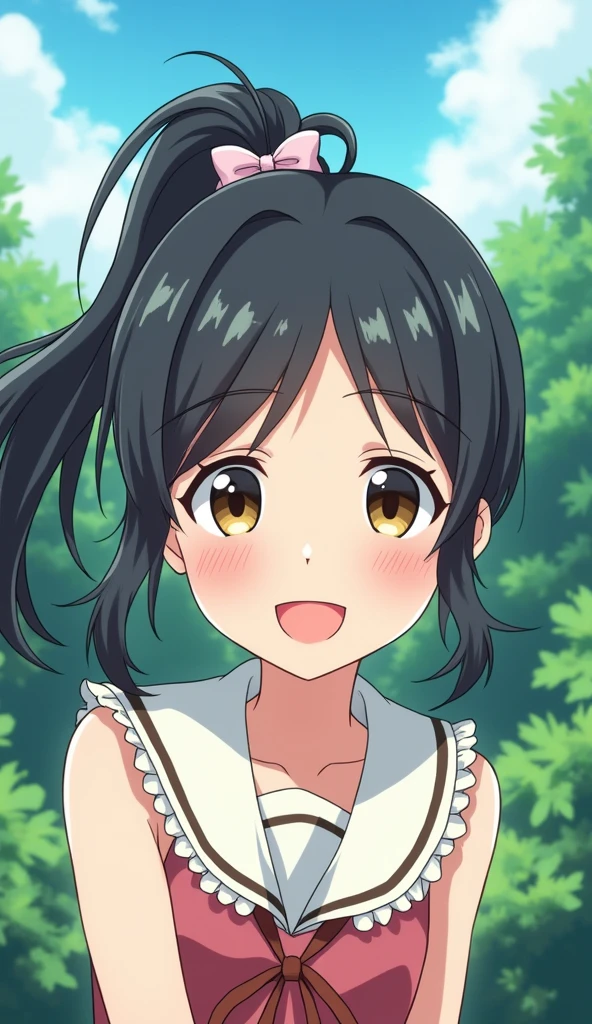 One person, Anime Style, smile, Black Hair, ponytail, Anime Style, ribbon, Forest and sky,