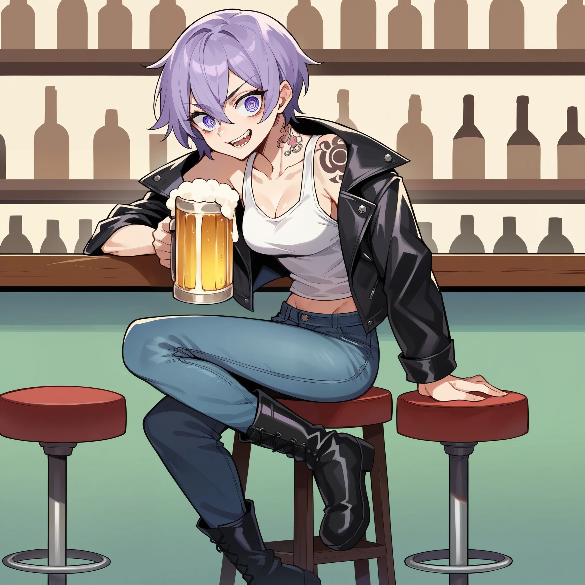 a girl in her 20s with light purple hair is staring at you with crazy eyes as she sits on a stool next to a bar drinking a beer. she has on a white tank top shirt, a black leather jacket, black skinny jeans, and black boots. she has tattoos as well.