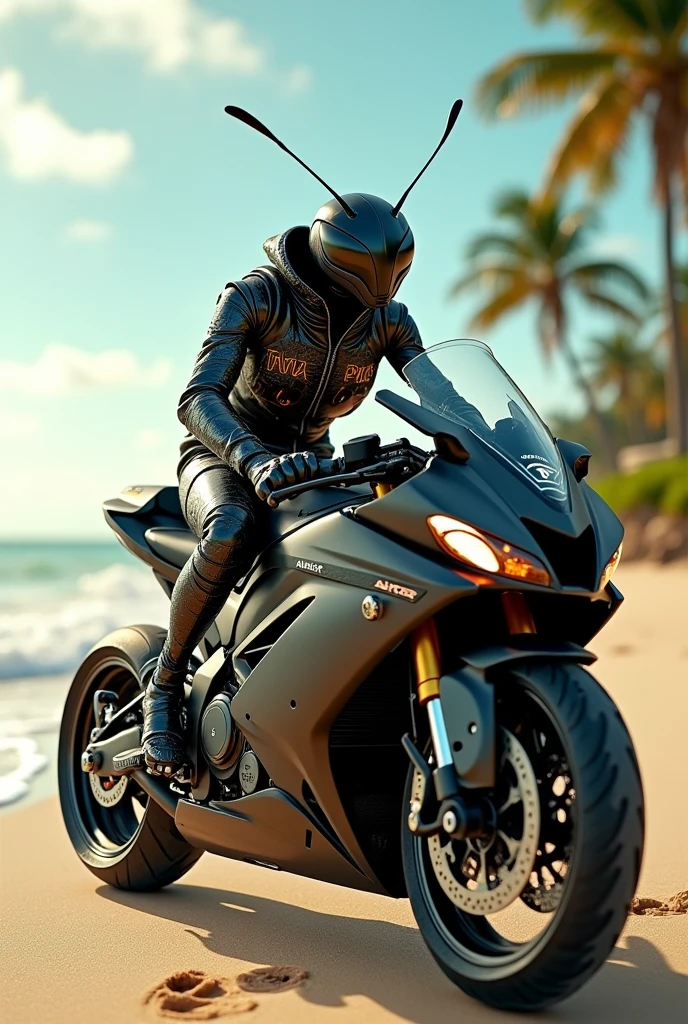 an ant with crypto jacket driving a Kawasaki ninja h2r on beach