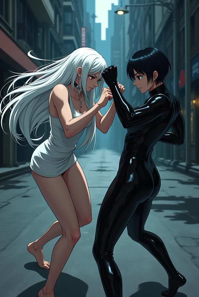 The image is anime style Darker than black with shadows and dim lights, anime style although somewhat adult and dark, It shows a scene of the roads of a city. In the image, an albino with long white hair and red eyes is fighting., who wears a short white dress and has bare feet, against a female android who has short black hair and a latex suit and one blue eye and the other brown. They fight bare-knuckle on the road. They are in combat stances. The image is focused from above, so you can barely see the fighters in question. Only they are in the picture. They are hitting each other very hard.