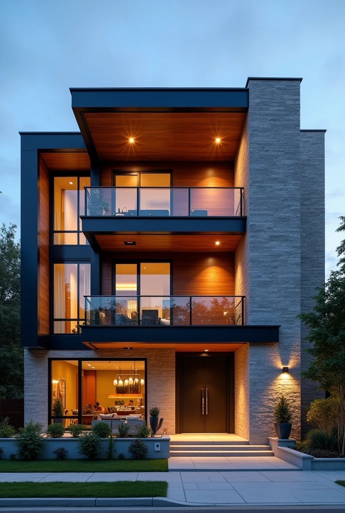 "An impressive facade of a modern two-story house . Contemporary architecture stands out with clean lines and a combination of high-quality materials such as stone, glass and wood. The first level features large floor-to-ceiling glass windows, while the second level has wide horizontal windows that offer panoramic views. Elegantly placed indirect lighting illuminates both the first and second levels., highlighting architectural details such as natural stone walls and wood accents. The entrance door is modern and minimalist, with an elegant design that complements the structure.