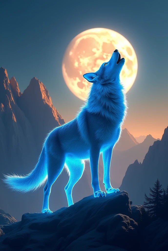 alpha wolf howling on mountain, full moon night, blue as primary colour, warm colour, crystalline wolf, side view, wolf in middle of moon, landscape image