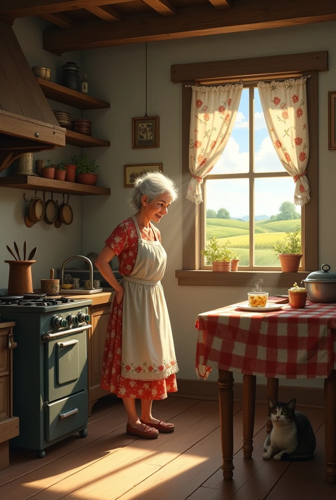 raise an elderly lady in an old kitchen on a farm