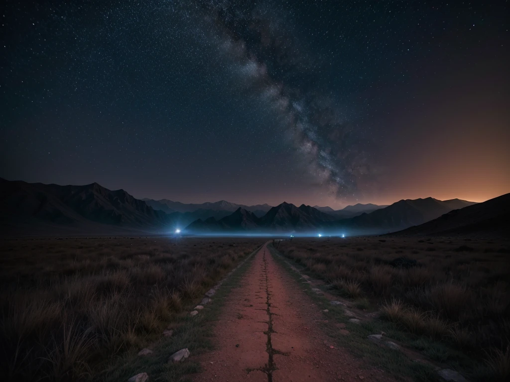 Create a vivid image of a crossroads at night, bathed in the eerie red light of a blood moon. The sky is filled with countless stars, twinkling brightly against the darkness, adding a surreal contrast to the crimson moonlight. The crossroads are set in an open, barren landscape, with each path leading in different directions—one towards a dark, shadowy forest, another towards distant, jagged mountains, and a third fading into a misty, unknown horizon. The ground is cracked and dry, with sparse vegetation struggling to survive. In the center of the crossroads, a twisted, ancient signpost stands, its wooden arrows creaking as they sway in the night breeze. The entire scene is drenched in the ominous red glow, casting long, distorted shadows that stretch across the ground, creating a haunting and mysterious atmosphere.