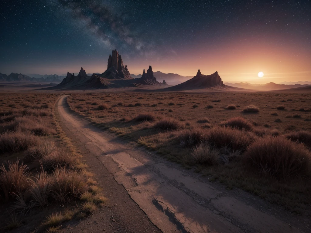 Create a vivid image of a crossroads at night, bathed in the eerie red light of a blood moon. The sky is filled with countless stars, twinkling brightly against the darkness, adding a surreal contrast to the crimson moonlight. The crossroads are set in an open, barren landscape, with each path leading in different directions—one towards a dark, shadowy forest, another towards distant, jagged mountains, and a third fading into a misty, unknown horizon. The ground is cracked and dry, with sparse vegetation struggling to survive. In the center of the crossroads, a twisted, ancient signpost stands, its wooden arrows creaking as they sway in the night breeze. The entire scene is drenched in the ominous red glow, casting long, distorted shadows that stretch across the ground, creating a haunting and mysterious atmosphere.