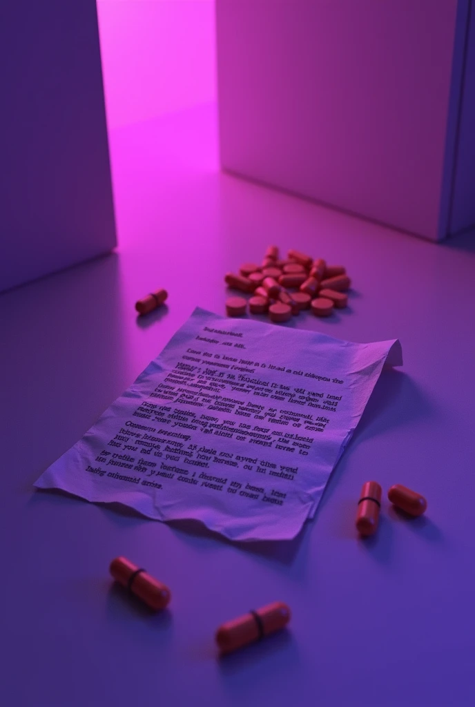 A letter on the white floor with orange pills lying on the side with purple neon lighting