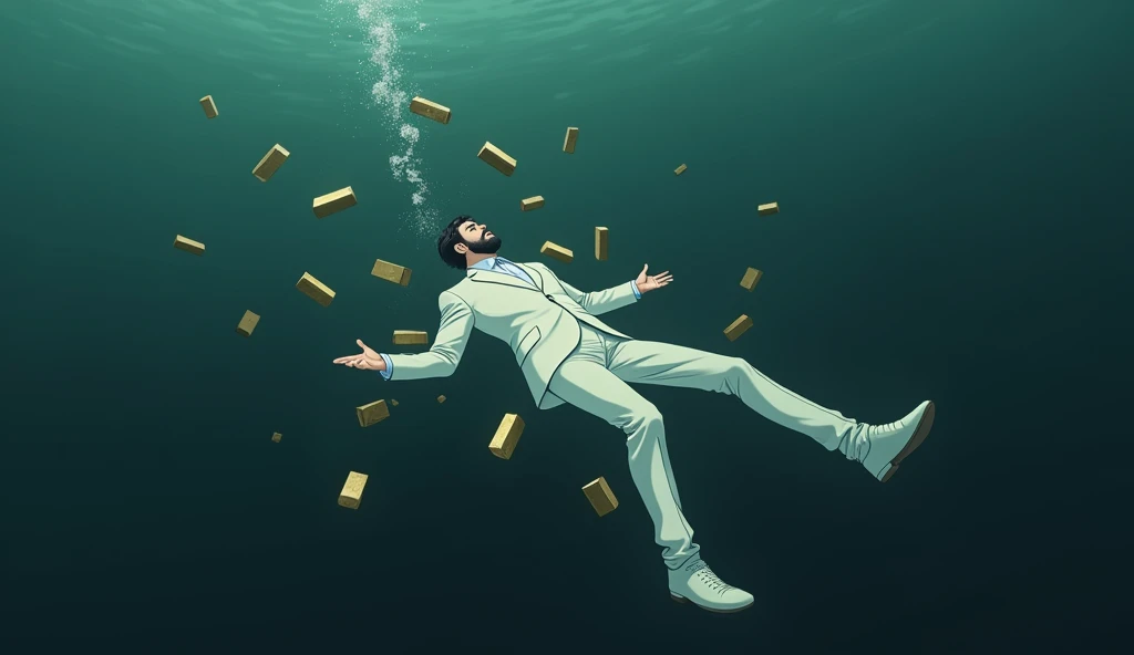 Create a anime style landscape image. an dramatic style under the water image showing a surreal and dramatic scene of a male person in a white suit, white shoes, and sinking into deep, The man has  dark medium hair, thik medium beard and light skin, dark waters, surrounded by floating gold bars. "The figure appears to be floating helplessly, as if falling through the water, with their arms means hands and legs extended and head tilted back". and "his body is oriented horizontally with his back facing the viewer".  The gold bars around the person seem to be floating and tumbling through the water, giving the impression of wealth lost in the chaos. The mood should be somber and intense, highlighting themes of loss, wealth, and the overwhelming force of destruction. Camera view left side long shoot. 4k, ultra high quality, UHD, ULTRA HD.