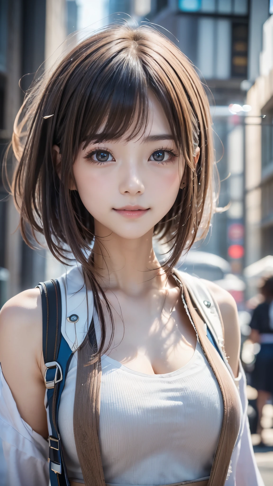 (((A pure and cute beautiful girl stands in a futuristic city:1.2))), (((Upper body portrait))), Beautiful straight hair, Short brown hair, Immersion, (Beautiful symmetrical eyes), (Thin thighs:1.2, Beautiful feet:1.2), Slender body line, ((Tight waist:1.2)), (Japanese Idols, Baby Face:1.3, high school girl, teenage), (Perfect Anatomy:1.3), Moisturizing lips, Beautiful breasts, (Highest quality、Highest quality、Masterpiece、Ultra high definition、Reality:1.37), (Detailed eyes and face:1.3、Professional photography techniques)、((Hair blowing in the wind:1.3)), (((Cute tops, Futuristic fashion)))