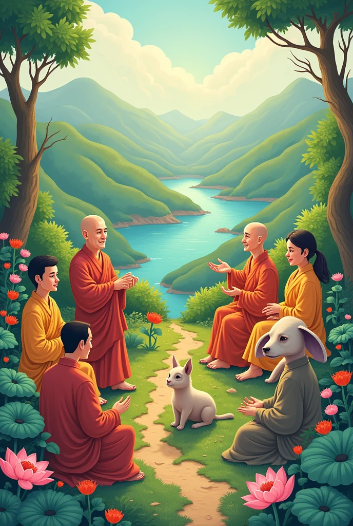 Draw a scene depicting Buddhist teachings of compassion, interdependence, and non-violence in a cartoon.