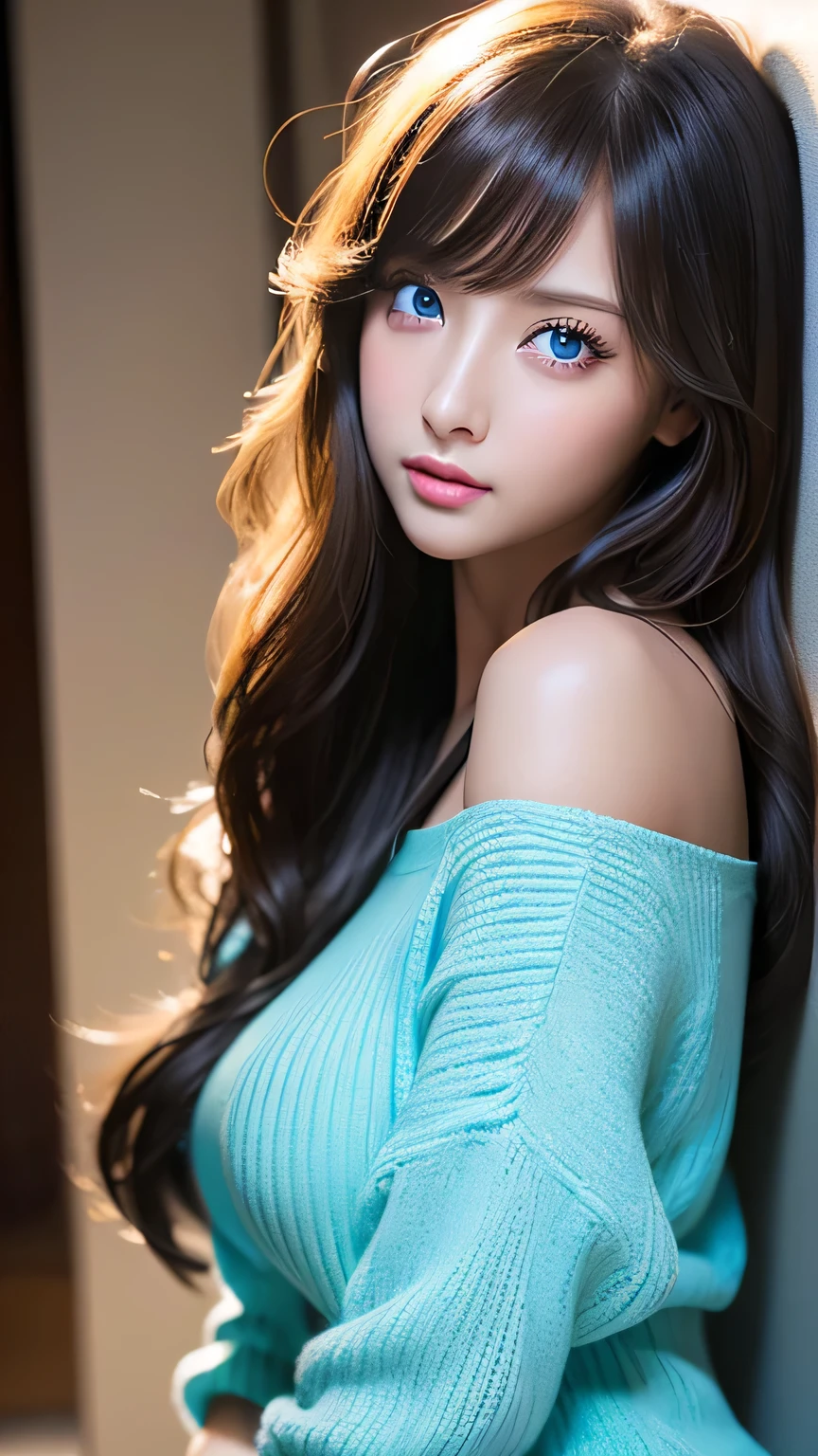Unparalleled beauty, Shiny, firm, glowing skin, Bangs between the eyes, Beautiful luster, Super long wavy hair with bangs, Super long straight silky hair, eyeliner, sexlyで美しい無邪気なギャル, High resolution, Very bright and beautiful big glowing light blue eyes、Very big eyes、Beautiful and adorable, ((Huge ))、((erotic、sexly、超High resolution、The lighting is bright、Precise needles without discomfort))、