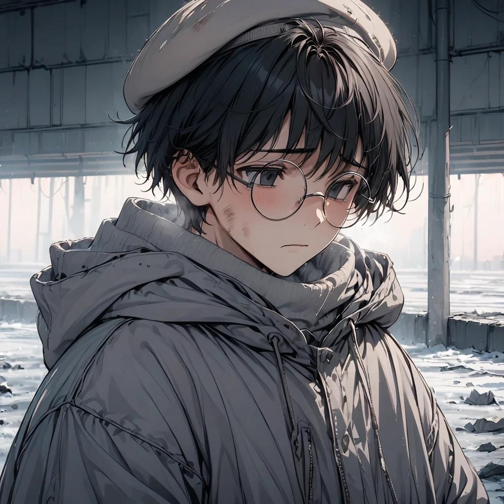 Young man, black hair, pastel colors, face close up, poor, beret, round glasses, simple, black eyes, orphan, dirty, oversized jacket, cold, sad, grey clothes, miserable, boy, lonely, black eyes, black hair, strong jawline, squared chin, sharp nose, strong neck, Adam's apple, thick eyebrows