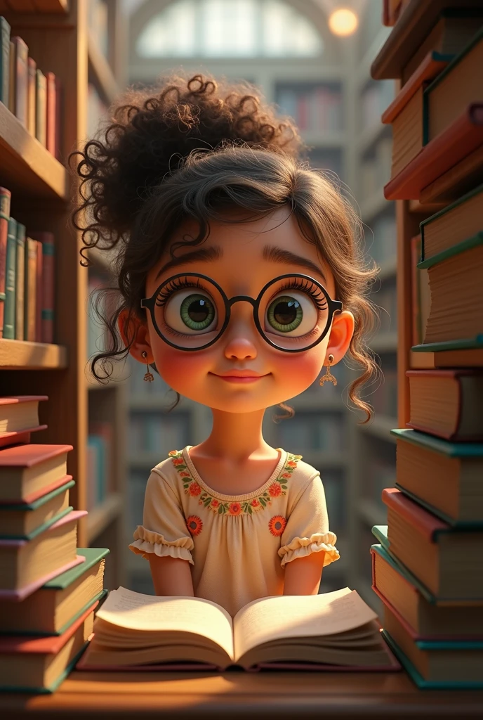 pixar style girl drawing, with curly hair, glasses, floral blouse, greeneyes, in a library
