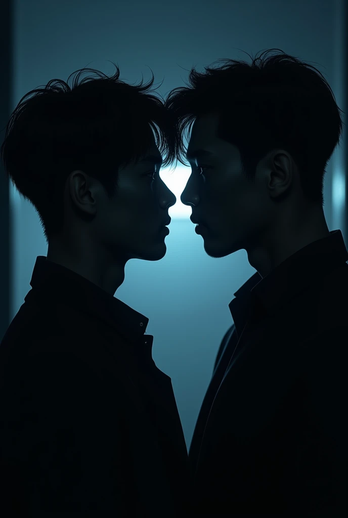 eux tu faire deux hommes en train de se regarder mantiquement de vue de dos dans le noir ou on voit ste les silouhettes. Je veux qu'on voit que leurs ombre Je veut qu'on voit que leurs silhouette. I don't want us to see their faces. An image or that the face has seen not the body. Bring their faces closer together. Deux ommes apparence coreen. Je veux que l'image ssemble à la couverture de l'album de taeyeon to x. a man with fuller lips and a face. Un homme avec un air innocent, visage rond et livre pulpeuse et l’autre un homme d’affaire avec sa silhouette dans le noir complet avec une lumière bleu sombre ambiance avec une apparence reel. Un homme apparence d’origine filipin Grosse levreet l’autre coréen mais qui ne s’embrasse pas
