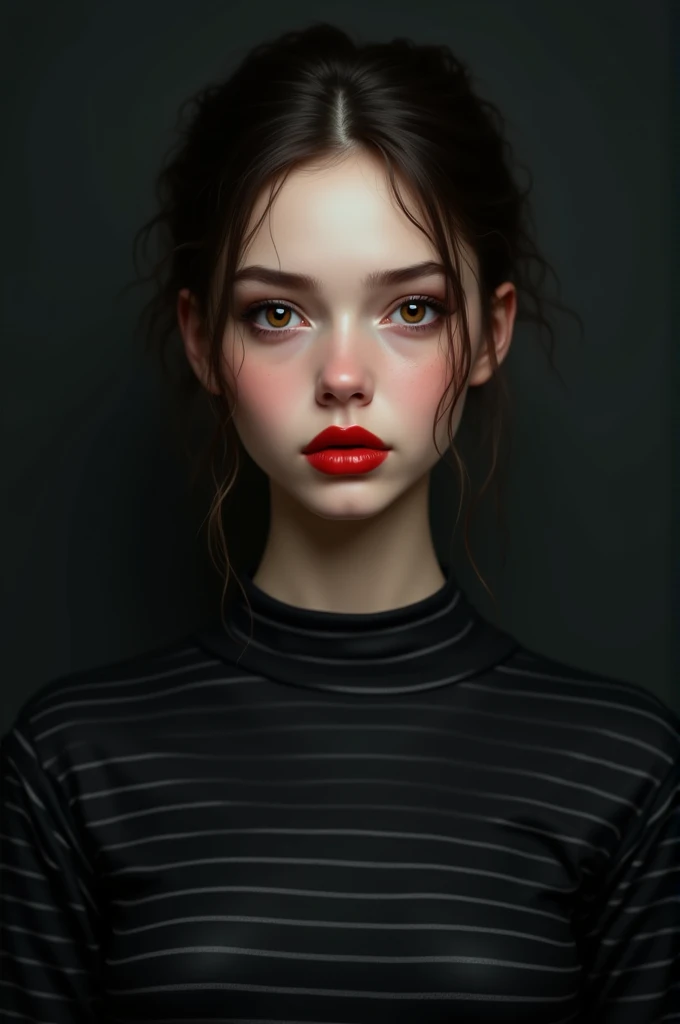 Make a picture of a white girl, fine nose, dark brown eyes, face with marked features, Full lips and carmine color, dressed in black with a black striped shirt