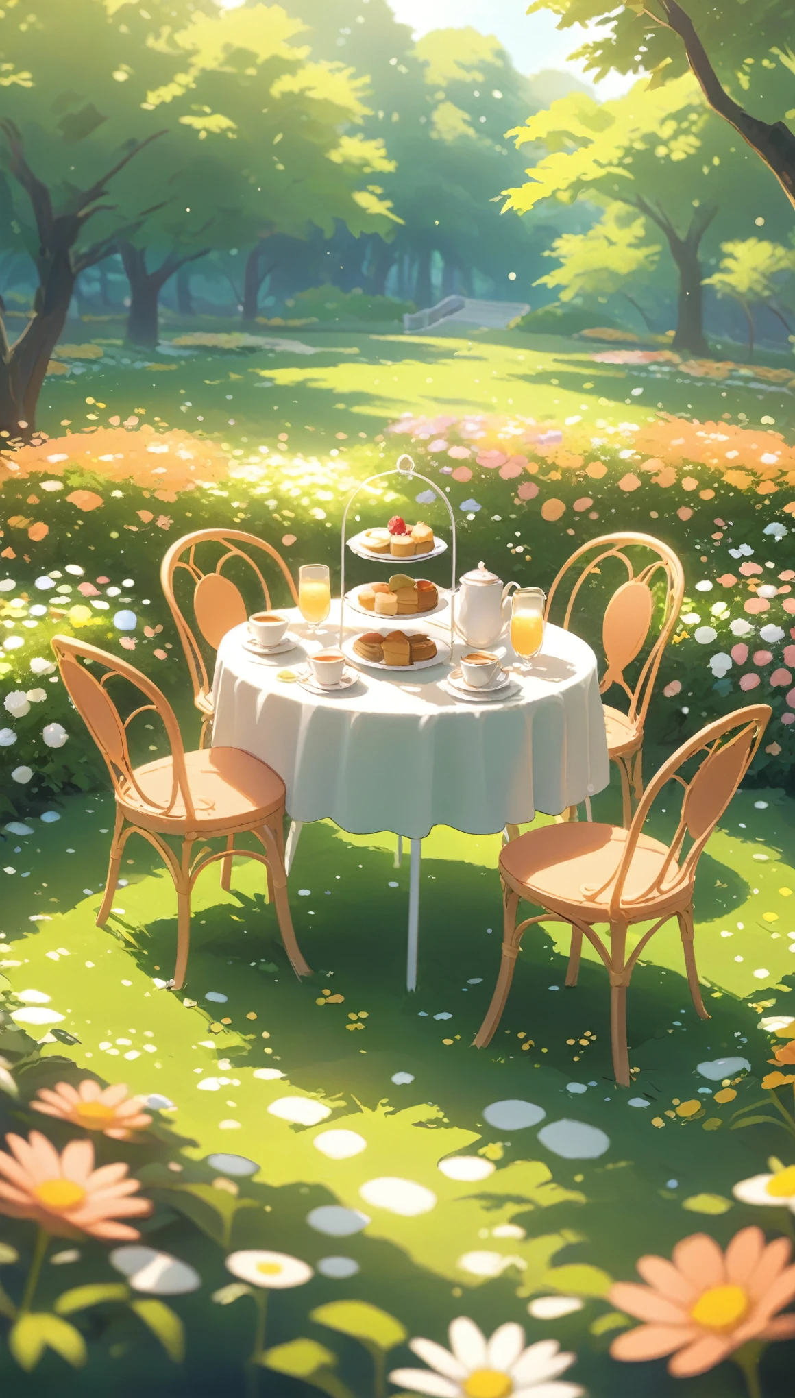 English afternoon tea with a view, Warm flower garden,Pink orange ,There are no human characters.,No people