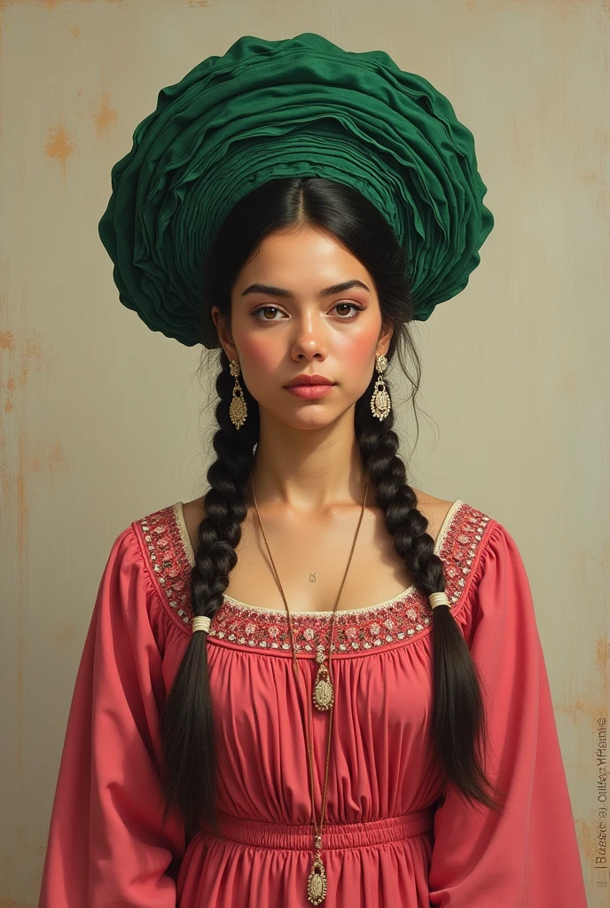 White woman in a typical dress from Acatlan de Juarez, Jalisco, in Mexican pink and a green headdress