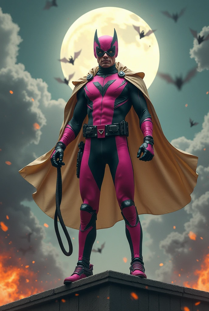 Malaysia man in high-tech suit, vivid effects, malaysian superhero (KELUANG MAN) in a striking pink and beige costume cyberpunk design, mask small mini bat ear beige, daredevil beige mask, jumpsuit dark pink stands confidently in a dramatic.jumping from high place.hero costume.one hand rise up. Big triangle logo on the chest.high detail Punisher logo on the chest. Fighting pose , stormy landscape. ((Head covered node guard like batman. Running pose , athletic body type, small mini ear bat mask))The character wears domino mask a helmet with pointed mini torn ears and a flowing cape biege, open nose and mouth. Equipped with visible futuristic weapons on a belt,bullet proof jacket pink dark day.show fingers pose, dark night, big supermoon effect . Small logo on chest triangle shape small punisher logo center(( skull triangle chassy Jones mask shape logo)) center on chest pink logo mini logo . rocky. Building top.smoke ground , bomb effect background, losse pants, losses costume.adding to --ar 3:4 --style raw --stylize 500 --v 6.1. chaos. Lot of small flying bat. One leg on the high stone. Man . Real man age 40 year old. One hand holding belt.one hand holding black rope hanging on building. Big pant pink