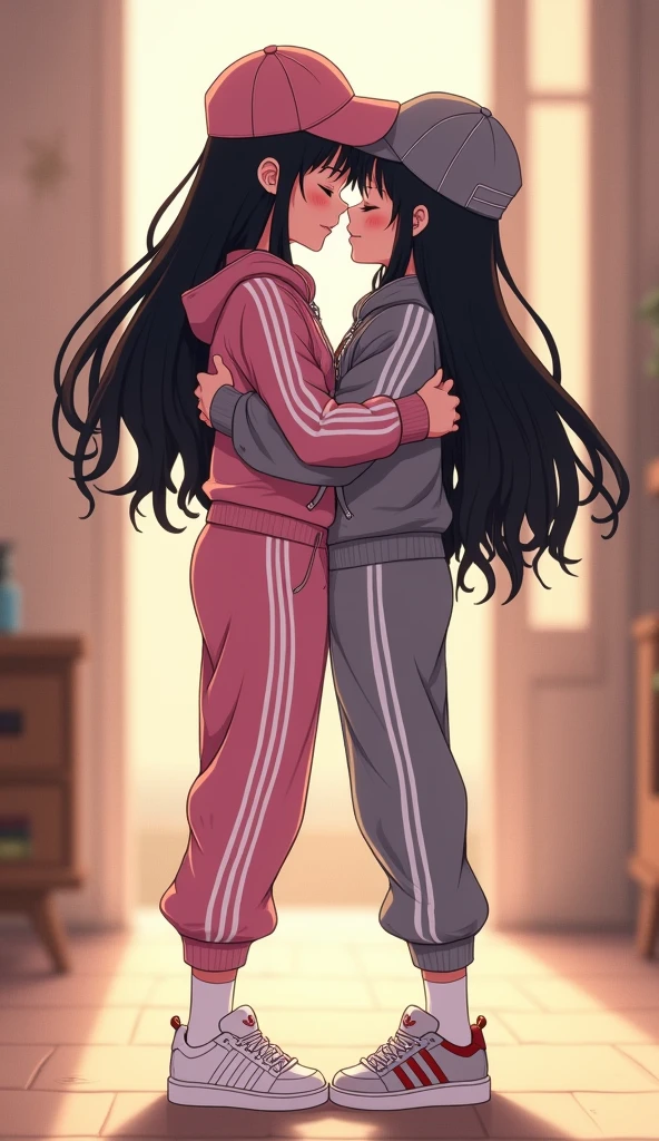 Two girls long black hairs, yuri, girl love.
The first girl wear a pink adidas pants, pink cap, white socks, white adidas sneakers.
The second girl wore a grey adidas pants, grey cap, white socks, white adidas sneakers.
French kiss, lesbian kiss, hugging, sensual body, closed eyes, novel cartoon, 4K, HD