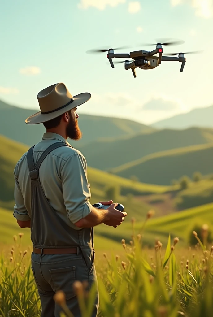 a farmer flying a small drone overhead