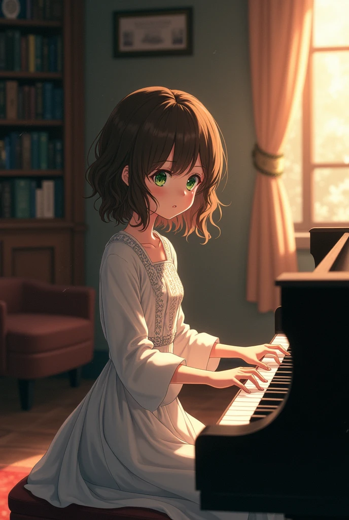 Anime  girl playing the piano. Short wavy brown hair. He has dark green eyes.