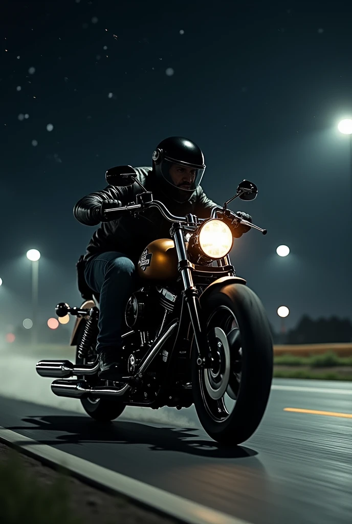 A man ride Harley Davidson and wear black dress shine in night speed 100km