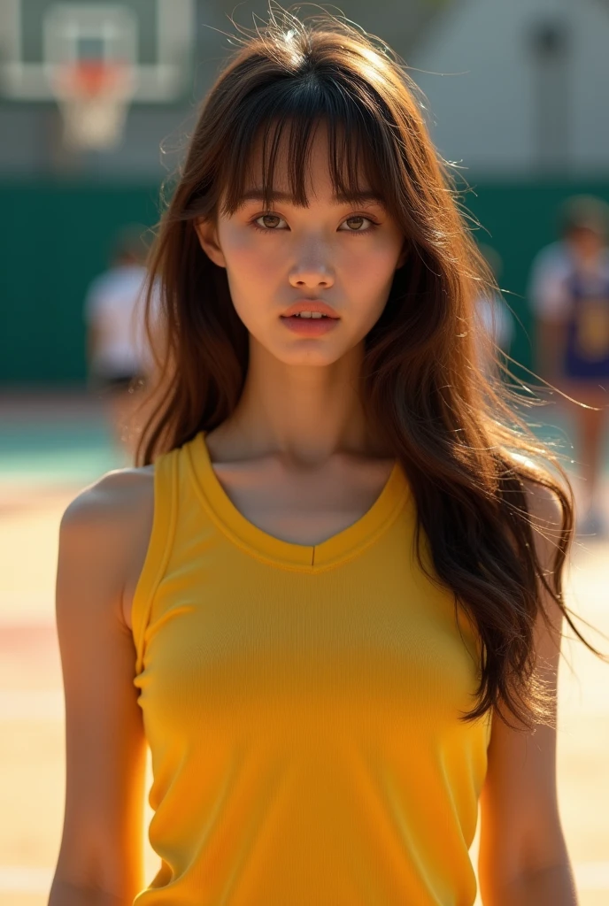 ((Picture a 1 with a mane of long, flowing brown hair, sporting blunt bangs that frame her face with a touch of elegance. Her slender figure is accentuated by perfectly sculpted curves, particularly her ample, perfectly shaped large breasts. The goal is to capture every aspect of her beauty in high definition (1.4 aspect ratio), from the smoothness of her skin to the fine details of her pores, all portrayed in breathtaking clarity)),
((Using advanced photography techniques, the aim is to create a scene that feels like a snapshot from a movie, transporting viewers into a world of realism and fantasy simultaneously. Shot in 8k RAW format (masterpiece: 1.2 aspect ratio), the image preserves every intricate detail with lifelike precision (photo-realistic: 1.33 aspect ratio).))
((Taken with a Hasselblad X2D 100C camera, the lighting setup is carefully calibrated to strike the perfect balance between natural and artificial illumination. The interplay of light and shadow accentuates her features, casting an ethereal glow that enhances her allure)),
((In the composition, she assumes a pose that exudes confidence and sensuality, her gaze locking onto the camera with a mesmerizing intensity. Erotic pose to seduce the viewer. Positioned on a basketball court bustling with activity, she stands out in her sleeveless yellow sports shirt and side breast view))
