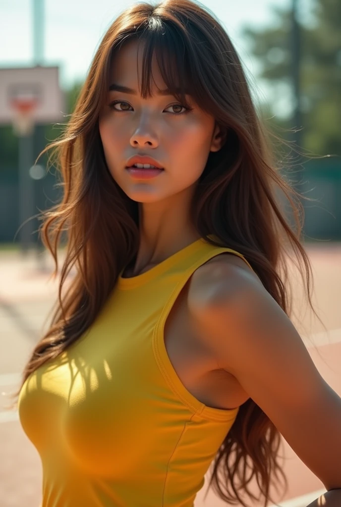 ((Picture a 1 with a mane of long, flowing brown hair, sporting blunt bangs that frame her face with a touch of elegance. Her slender figure is accentuated by perfectly sculpted curves, particularly her ample, perfectly shaped large breasts. The goal is to capture every aspect of her beauty in high definition (1.4 aspect ratio), from the smoothness of her skin to the fine details of her pores, all portrayed in breathtaking clarity)),
((Using advanced photography techniques, the aim is to create a scene that feels like a snapshot from a movie, transporting viewers into a world of realism and fantasy simultaneously. Shot in 8k RAW format (masterpiece: 1.2 aspect ratio), the image preserves every intricate detail with lifelike precision (photo-realistic: 1.33 aspect ratio).))
((Taken with a Hasselblad X2D 100C camera, the lighting setup is carefully calibrated to strike the perfect balance between natural and artificial illumination. The interplay of light and shadow accentuates her features, casting an ethereal glow that enhances her allure)),
((In the composition, she assumes a pose that exudes confidence and sensuality, her gaze locking onto the camera with a mesmerizing intensity. Erotic pose to seduce the viewer. Positioned on a basketball court bustling with activity, she stands out in her sleeveless yellow sports shirt and side breast view))