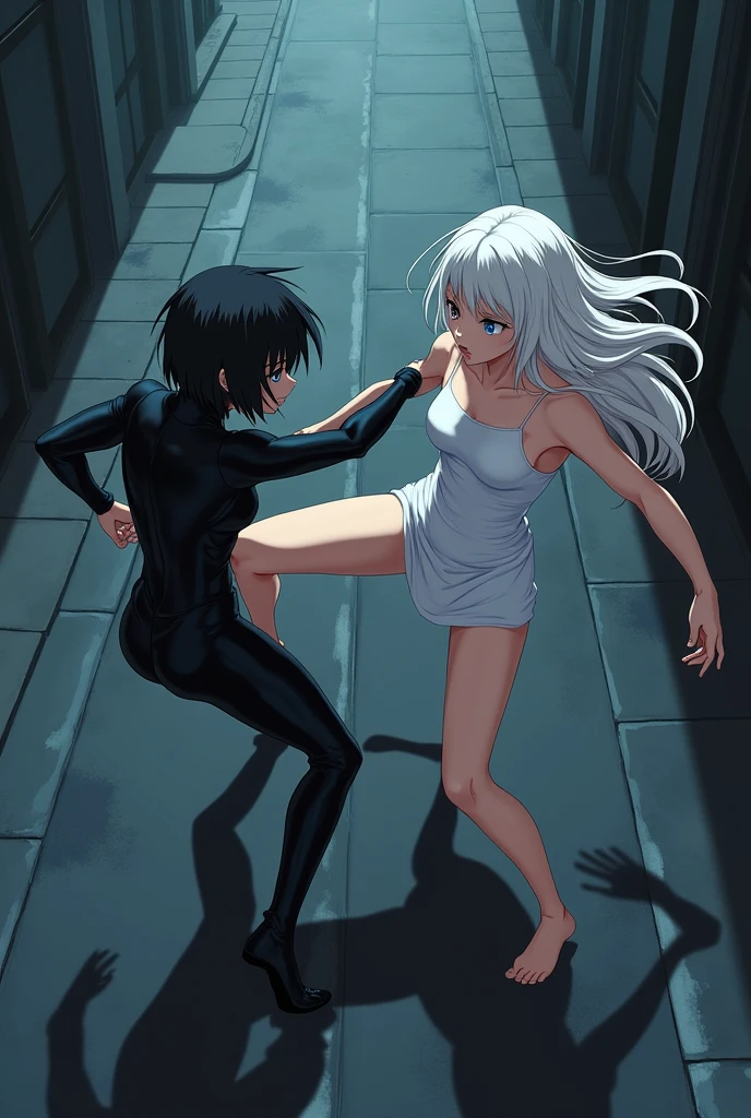The image is anime style Darker than black with shadows and dim lights, anime style although somewhat adult and dark, It shows a scene of the roads of a city. In the image, an albino with long white hair and red eyes is fighting., who wears a short white dress and has bare feet, against a female android who has short black hair and a latex suit and one blue eye and the other brown. They fight bare-knuckle on the road. They are in combat stances. The image is focused from above, so you can barely see the fighters in question. Only they are in the picture. They are kicking very hard.